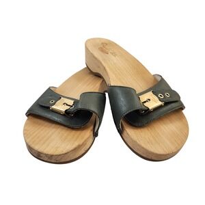 Dr Scholls Gray Original Wood Platform Slide Sandals Womens 10M Leather Buckle
